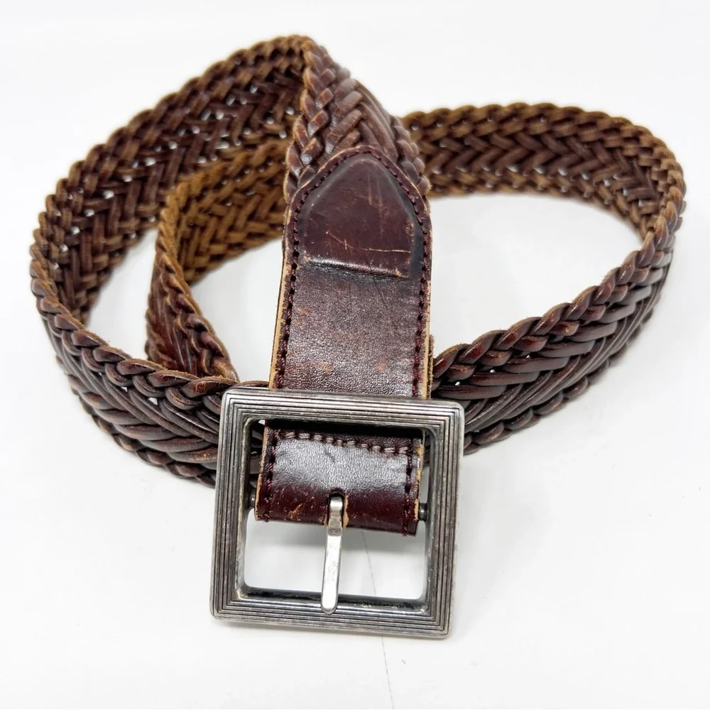 UNBRANDED BROWN LEATHER BRAIDED VINTAGE BELT WITH SILVER BUCKLE SZ 32